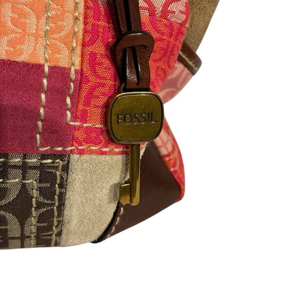 Fossil Patchwork Multicolored Purse With Zipper, Side Pockets. Brown Trim/straps - Picture 5 of 12